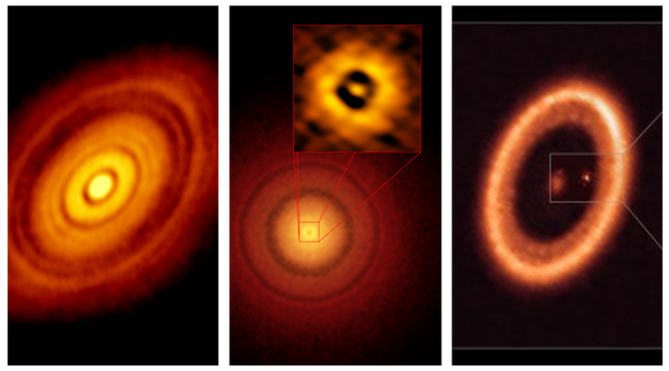 The left image shows an ALMA dust continuum image of the disk surrounding the star HL Tau (Brogan et al. 2015). The middle one reveals ALMA observations of the ringed sub-structure of TW Hya at 1 AU @An. The right-most image featured the disk PDS70 highlighting the candidate protoplanet @Benisty.